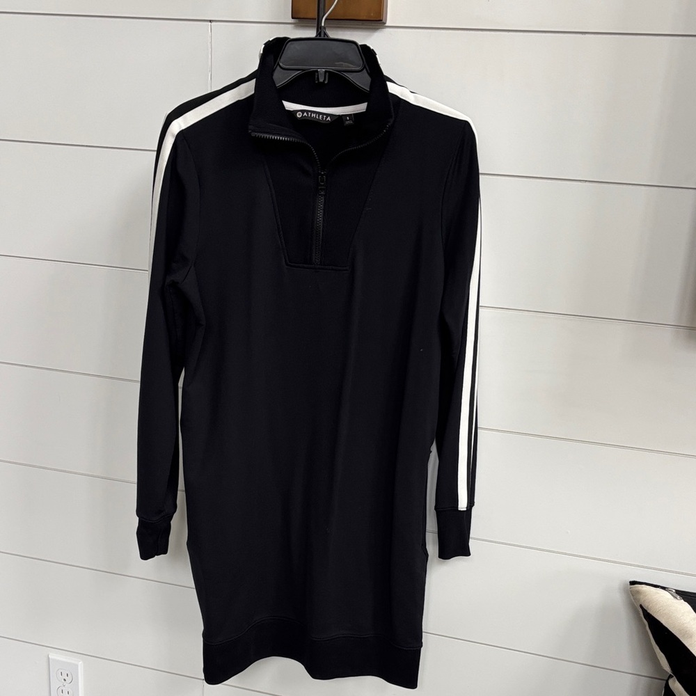 Athleta Black Dress with White Sleeve Stripes